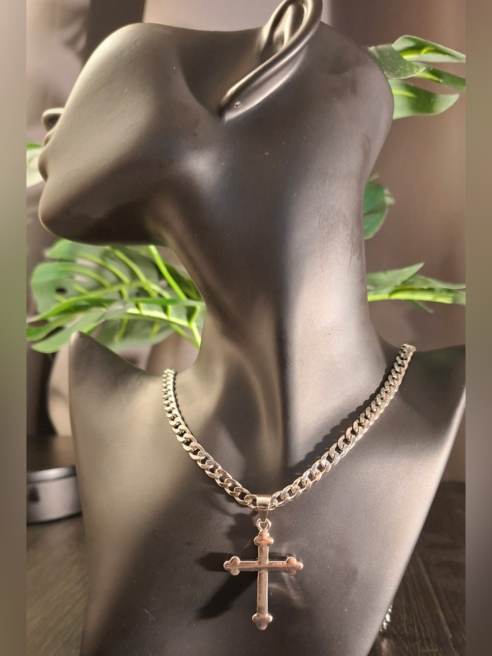 24” Silver-Tone Curb Chain Necklace with Cross Pendant
